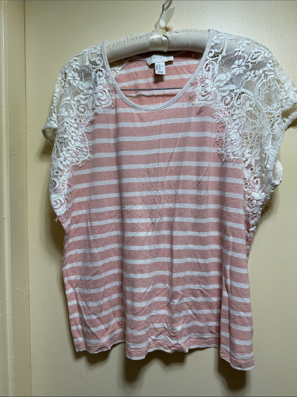Forever 21 Pink and Cream Striped Lace Sleeve Tee